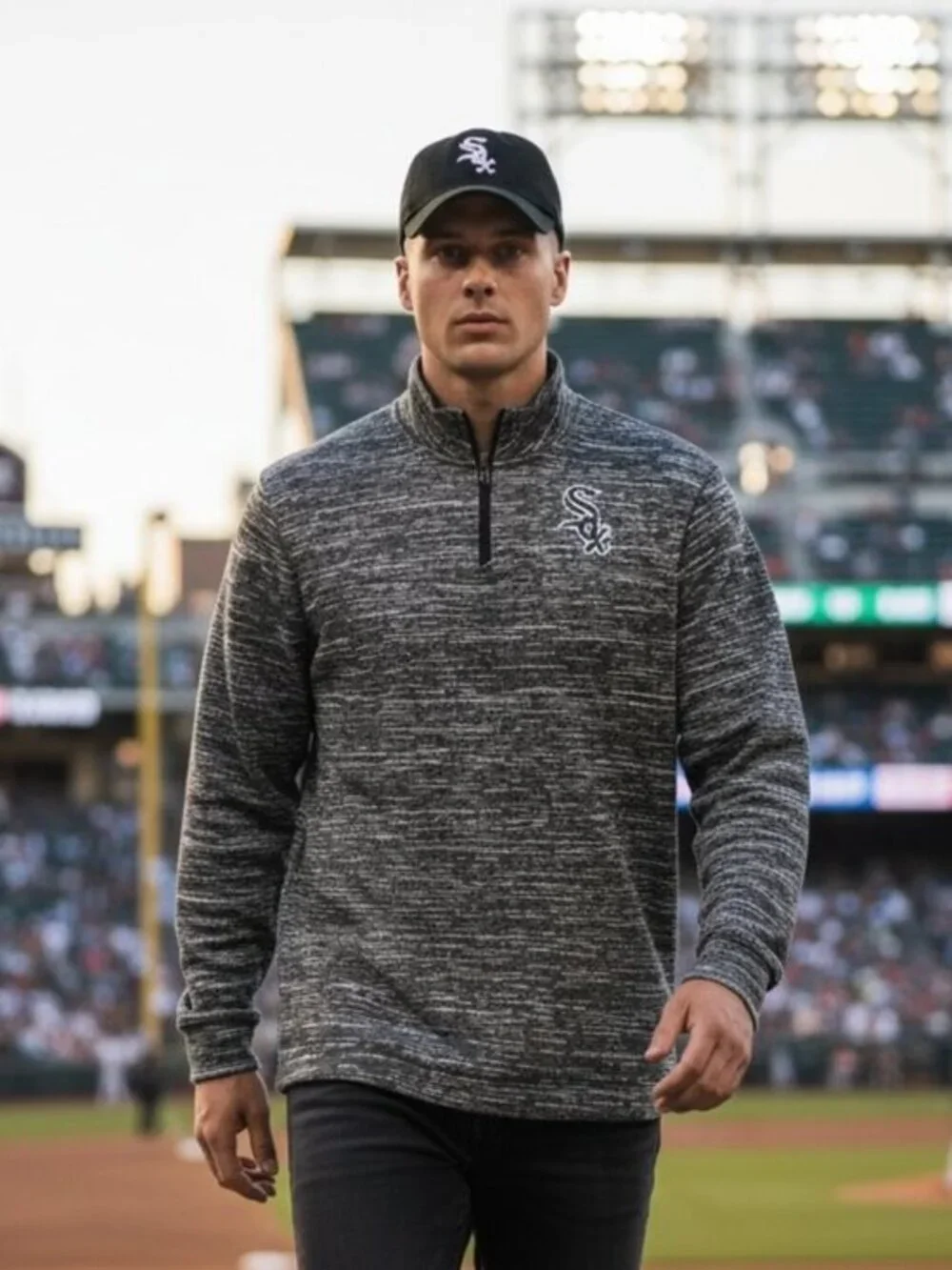 NEW Chicago White Sox 1/4 Zip Sweater &‎ Hat Men’s Medium Gray adjustable cap